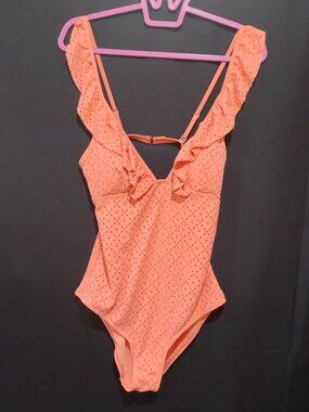 NEW Betsey Johnson Swimsuit One Piece Swimsuit With Ruffle Size Large (Flaw)